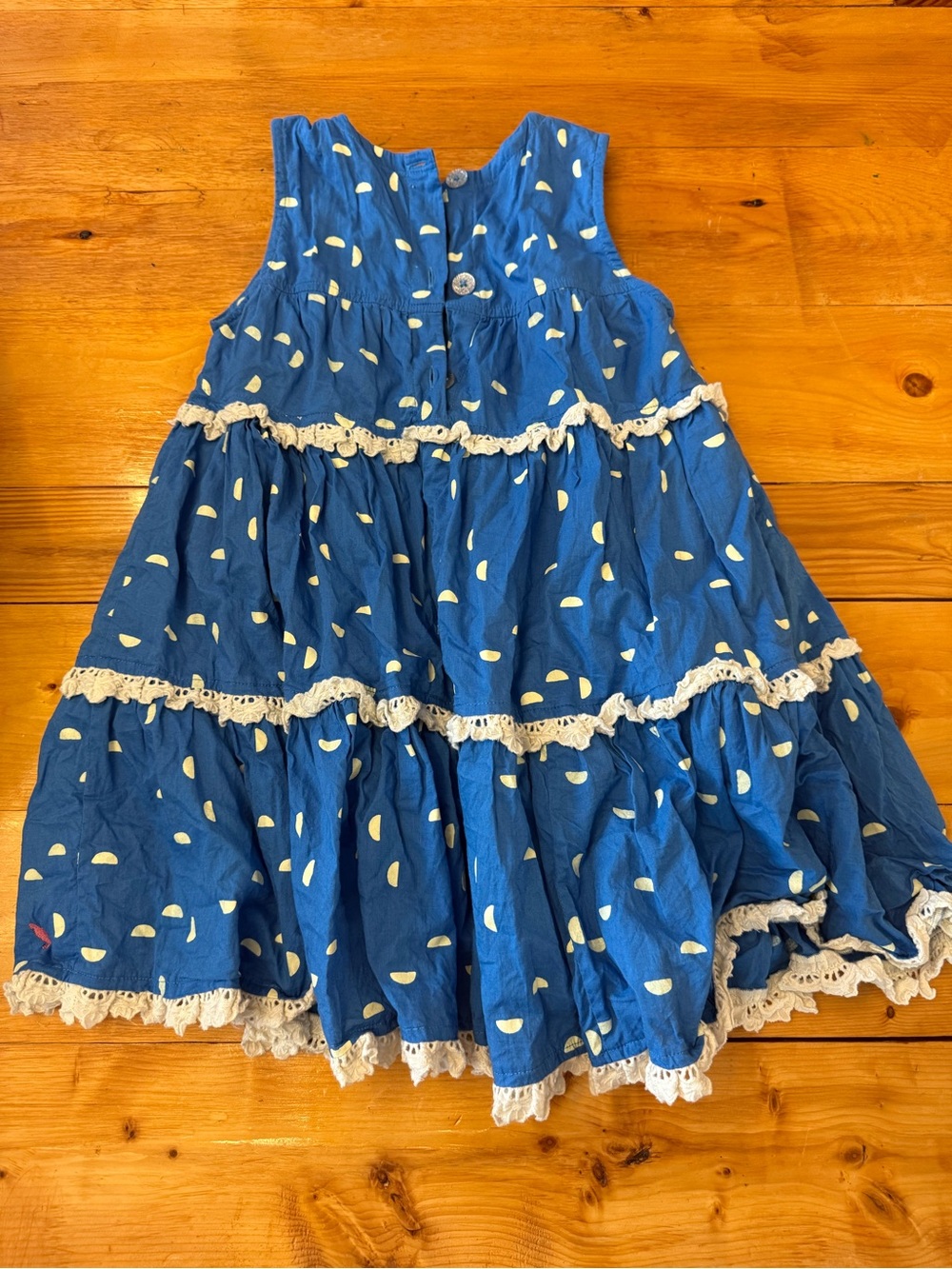 Pink Chicken Blue Tiered Cotton Dress with White Dot Detail